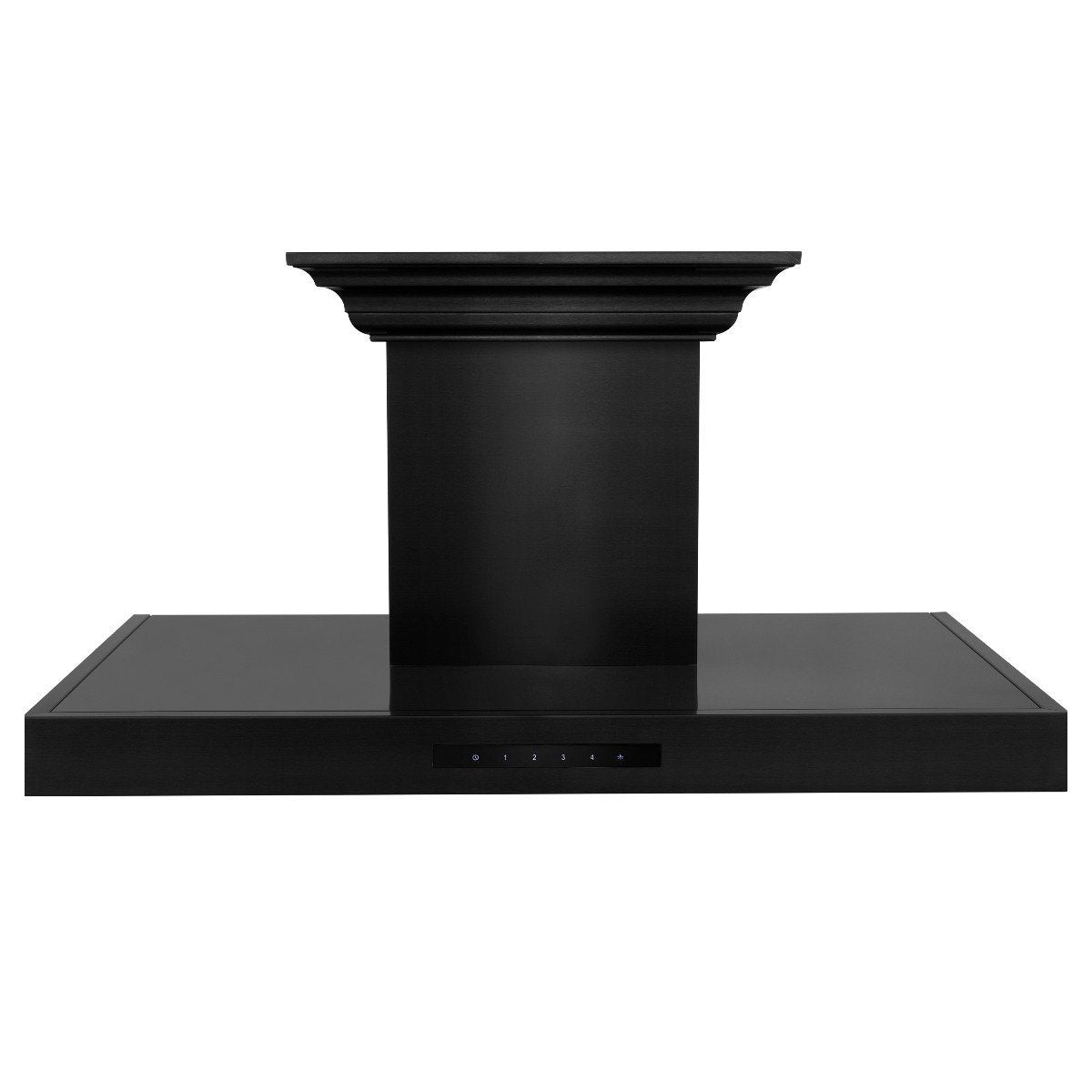 Black stainless wall-mount range hood with tall chimney and front control panel