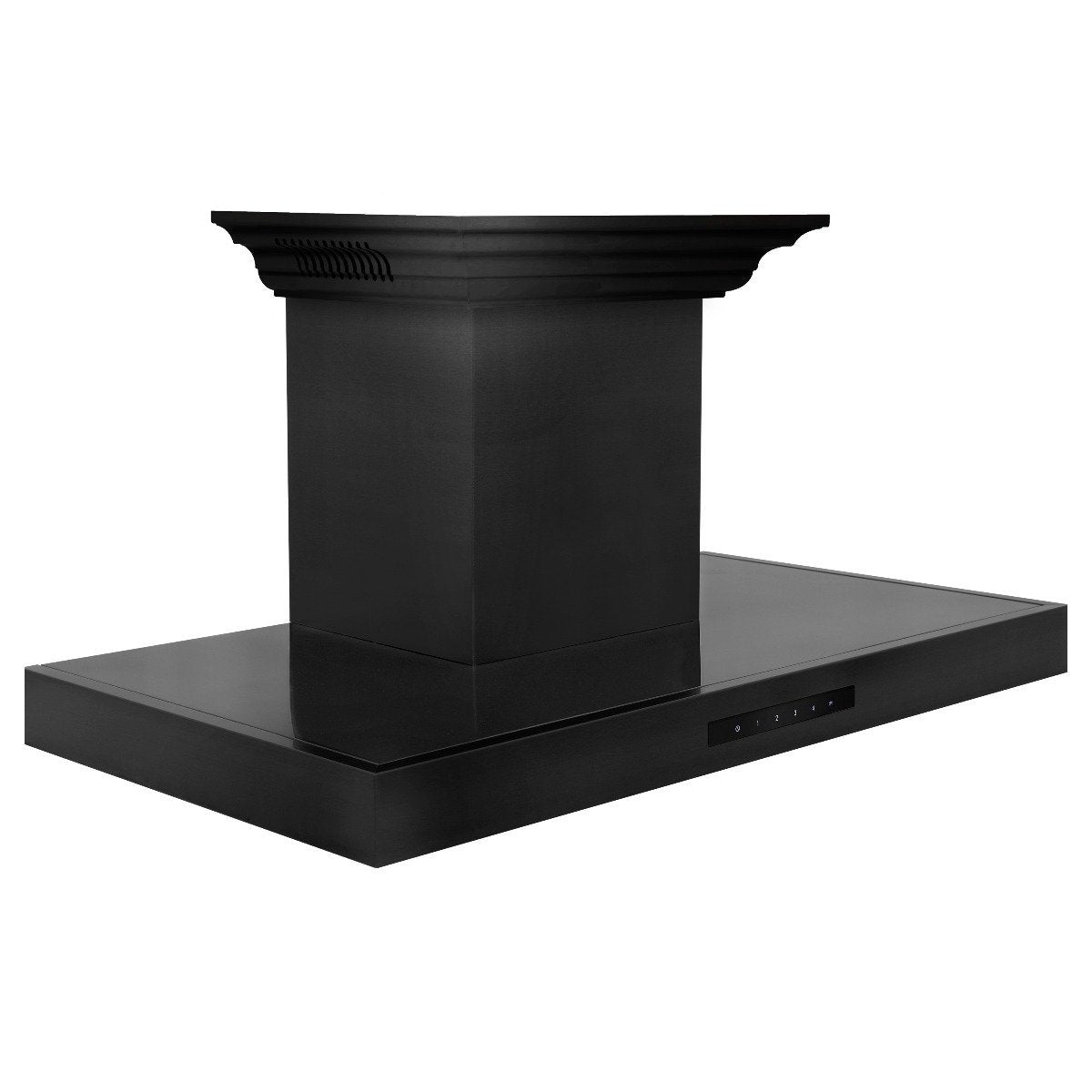 Black wall-mount range hood with tall chimney and flat hood canopy