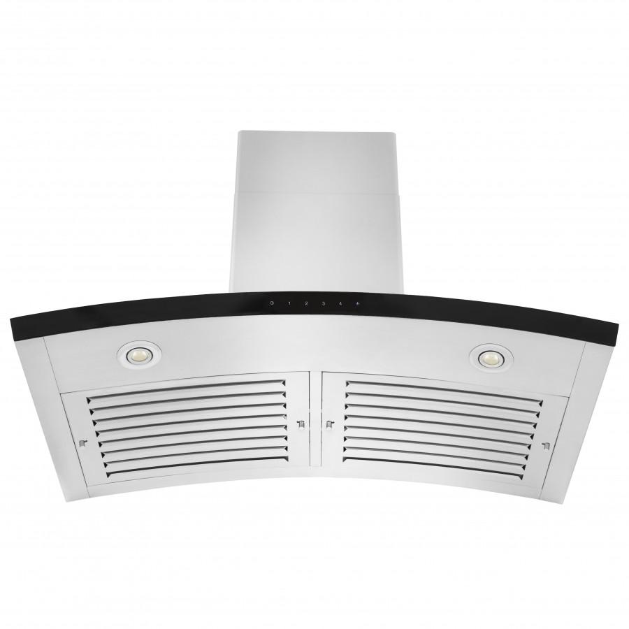Stainless range hood with black curved front and dual vent grilles