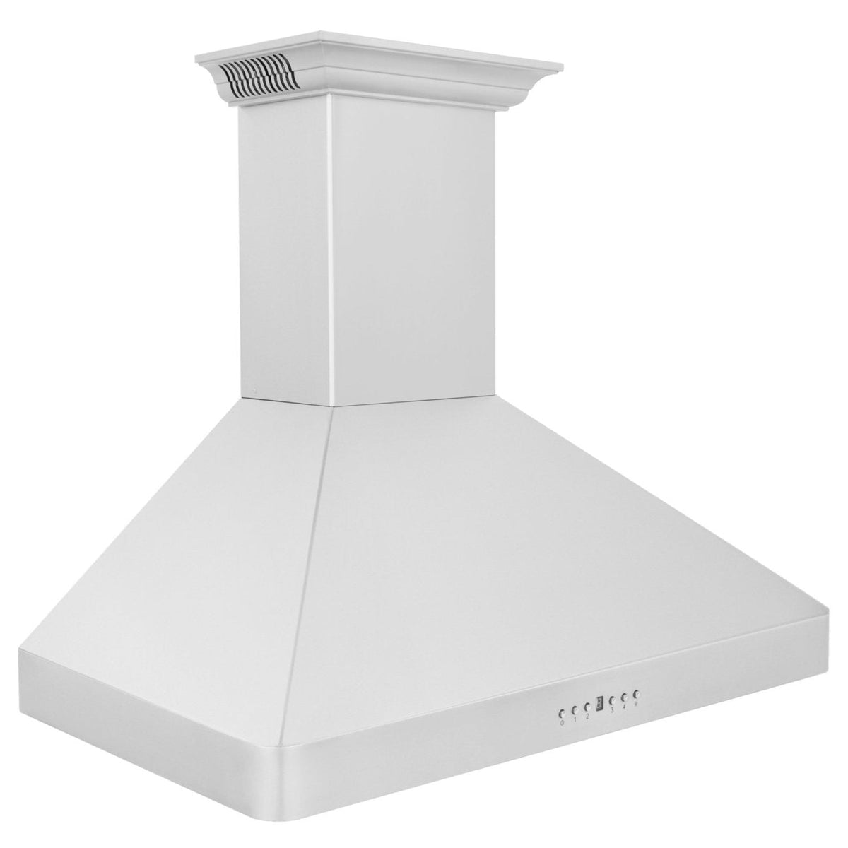Stainless steel wall-mount range hood with wide canopy and control strip