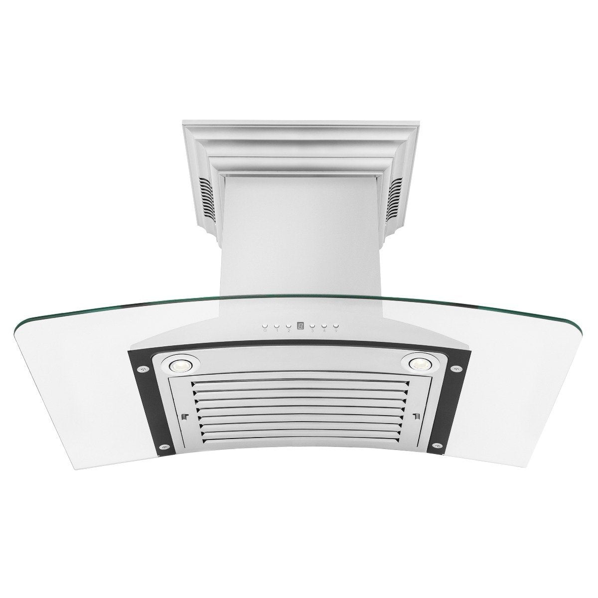 36-inch wall mount range hood front view with stainless steel baffle and control lights