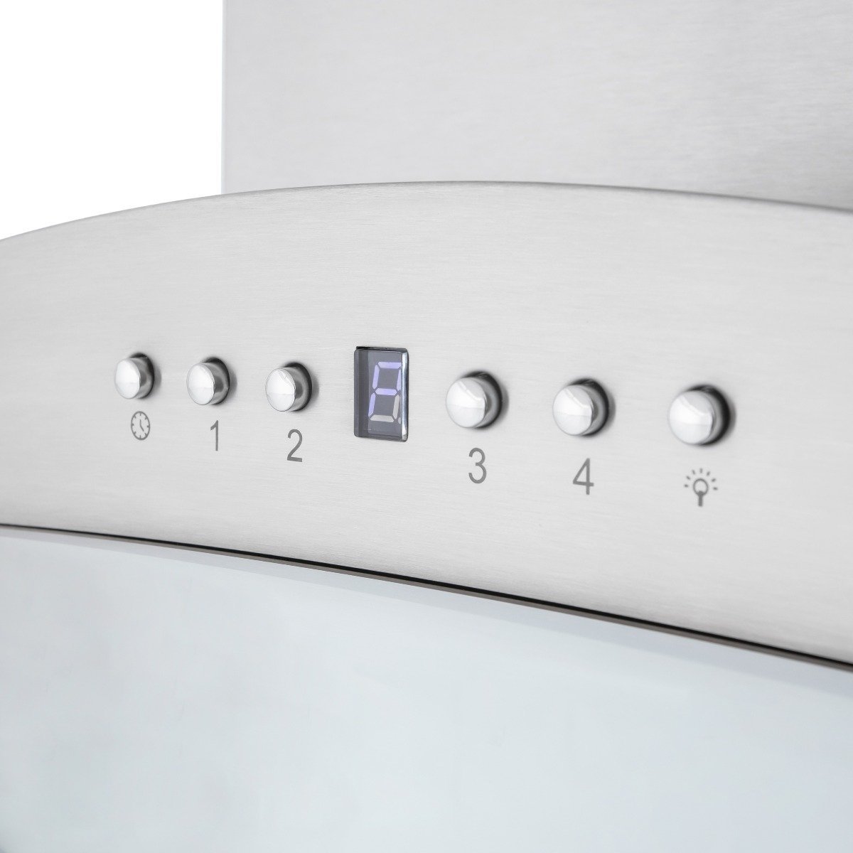 Stainless steel range hood control panel with numbered buttons and digital display