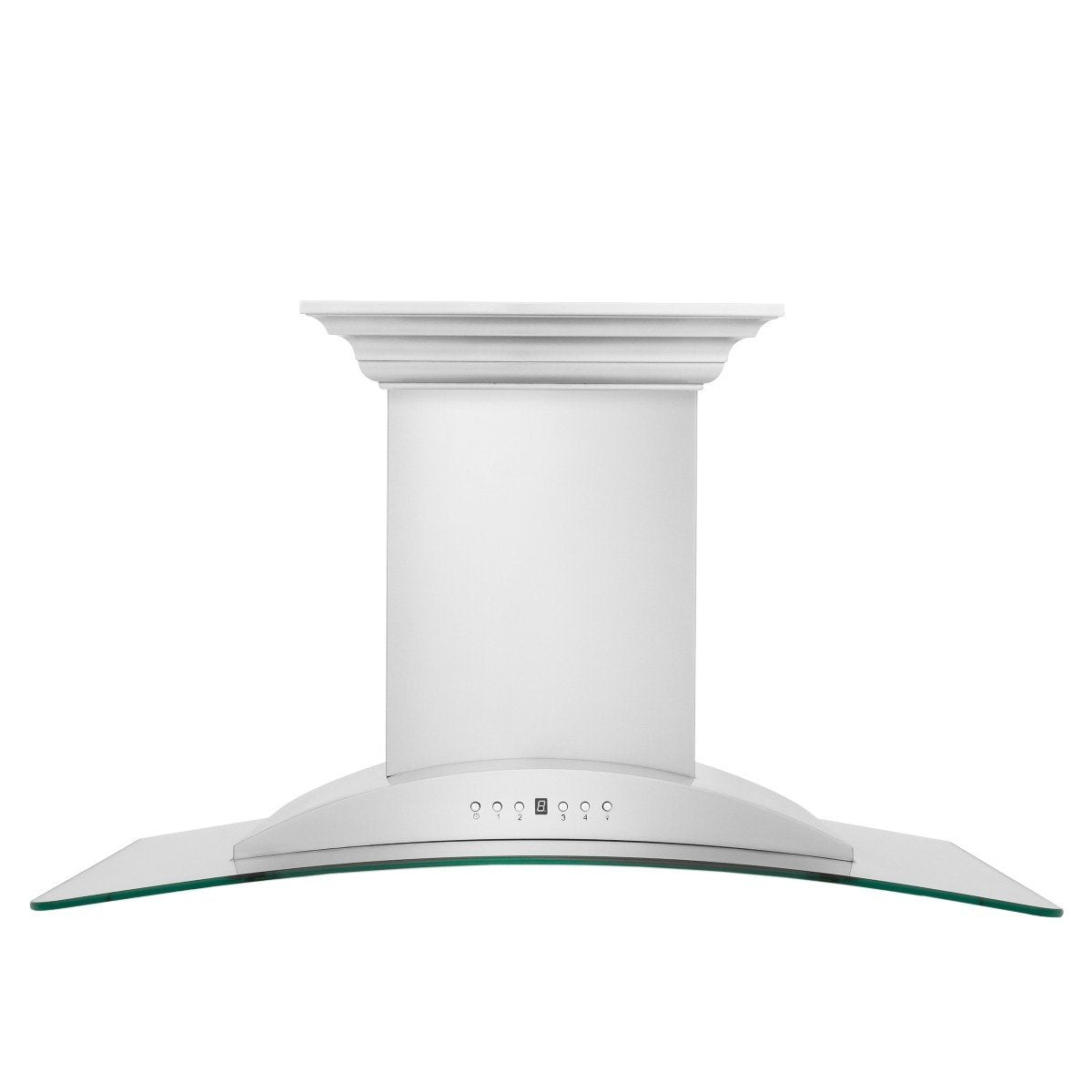 Stainless steel wall mount range hood with curved glass canopy and small control lights
