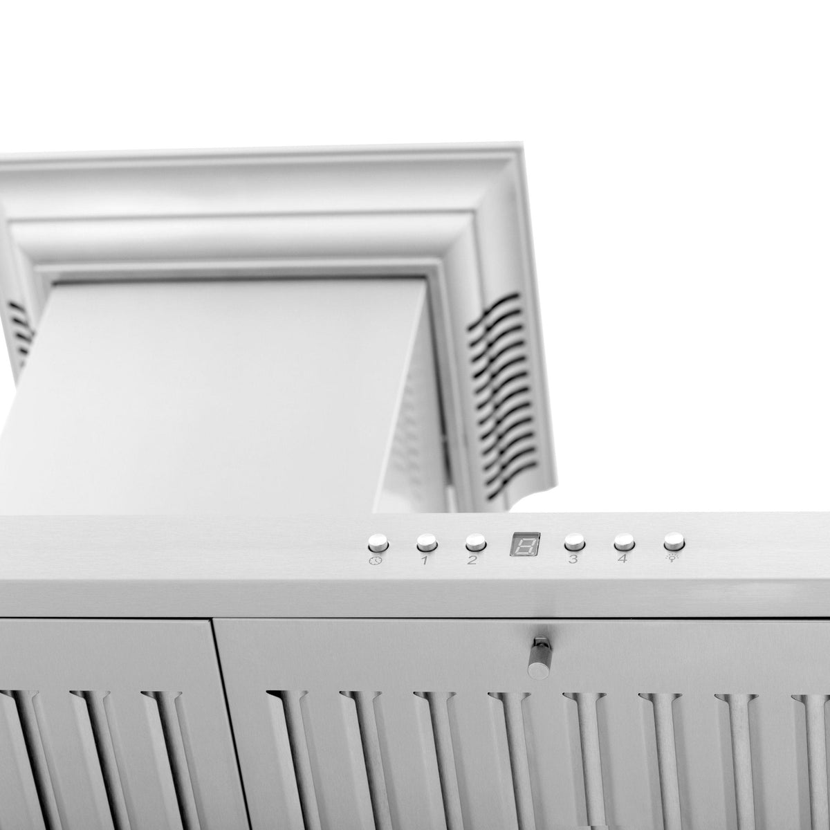 Stainless steel hood control buttons along the canopy front edge