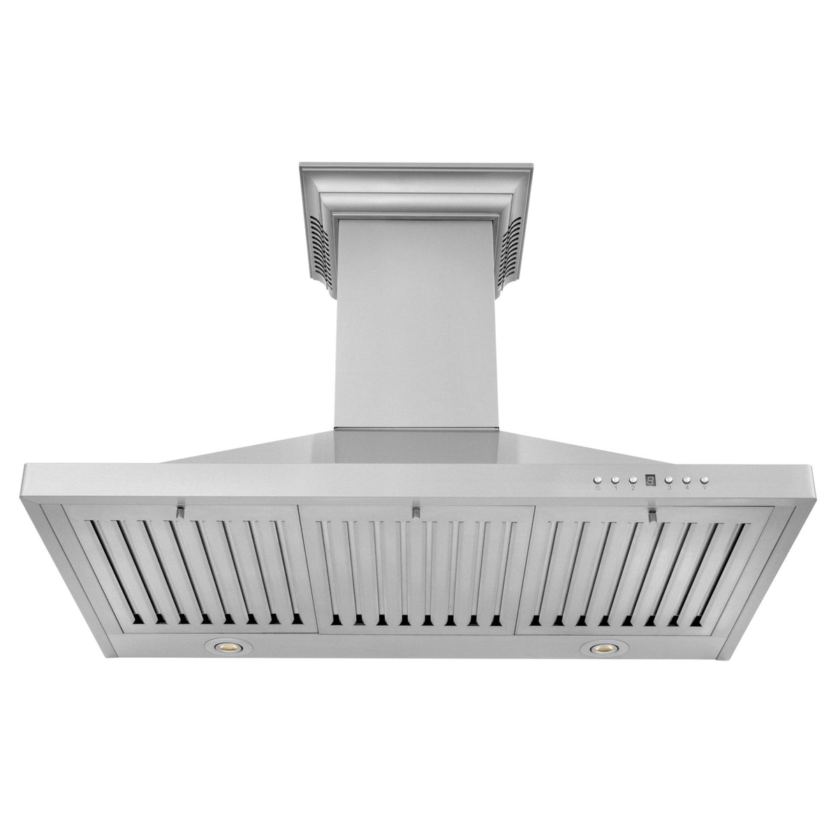 Stainless steel wall-mount range hood underside with vent slats and knob controls