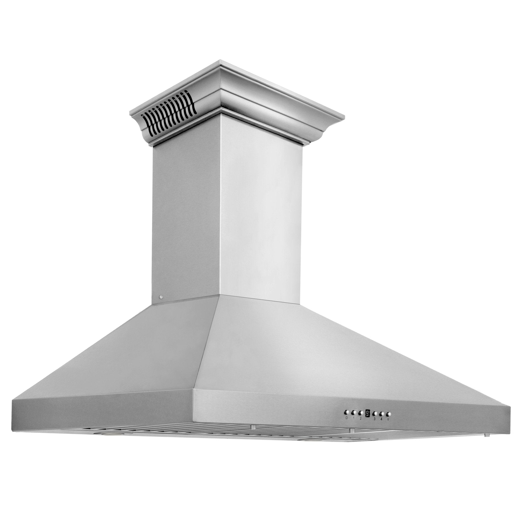Stainless steel wall mount range hood with decorative chimney and wide curved canopy.