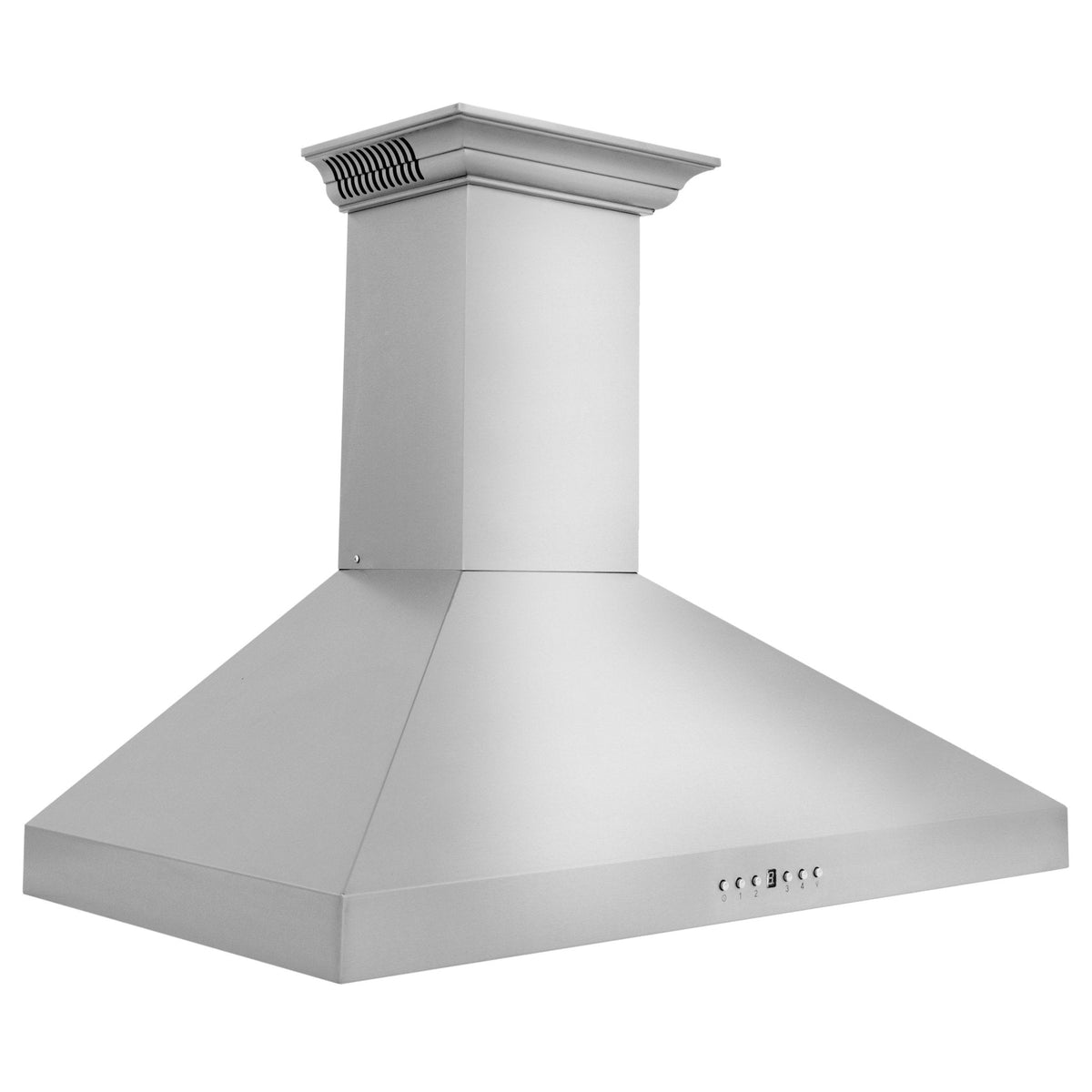 Stainless steel wall mount range hood with crown-like chimney top and wide canopy.