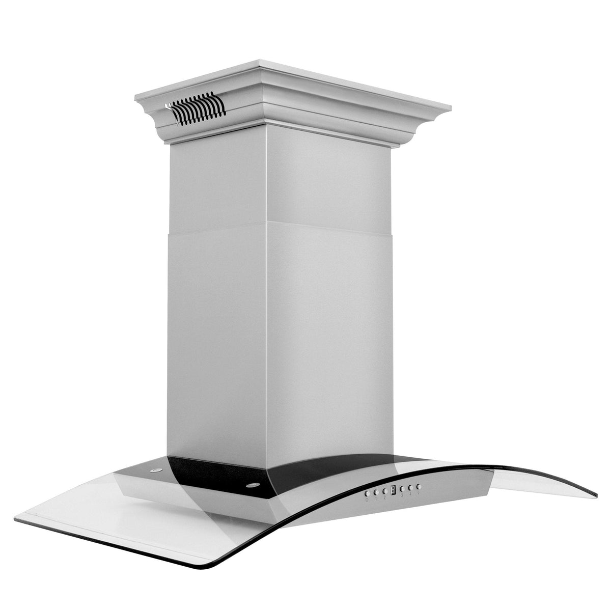 Wall-mount stainless steel range hood with flat glass canopy and chimney top