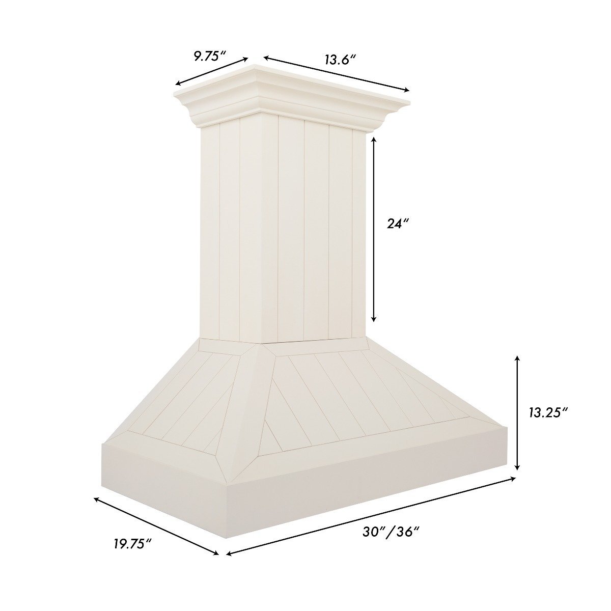 36-inch cottage white wooden wall mount range hood with listed dimensions