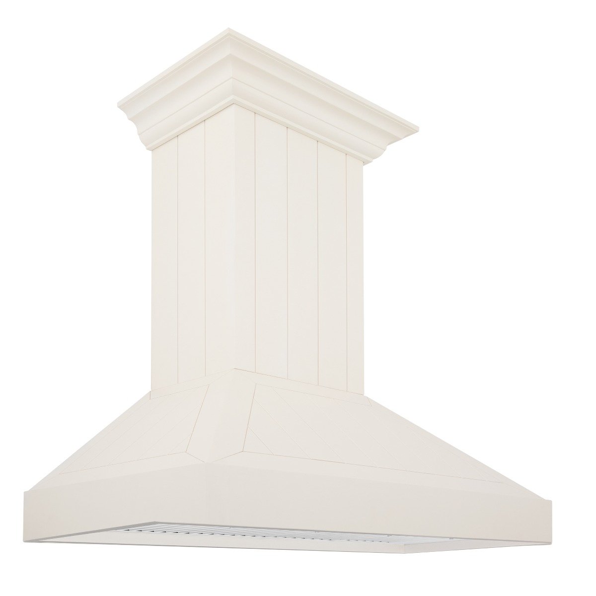 Cottage white wooden wall mount range hood with wide vent canopy and chimney column
