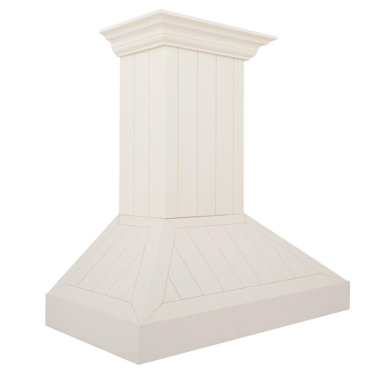 Cottage white wooden wall mount range hood with decorative trim and flared chimney