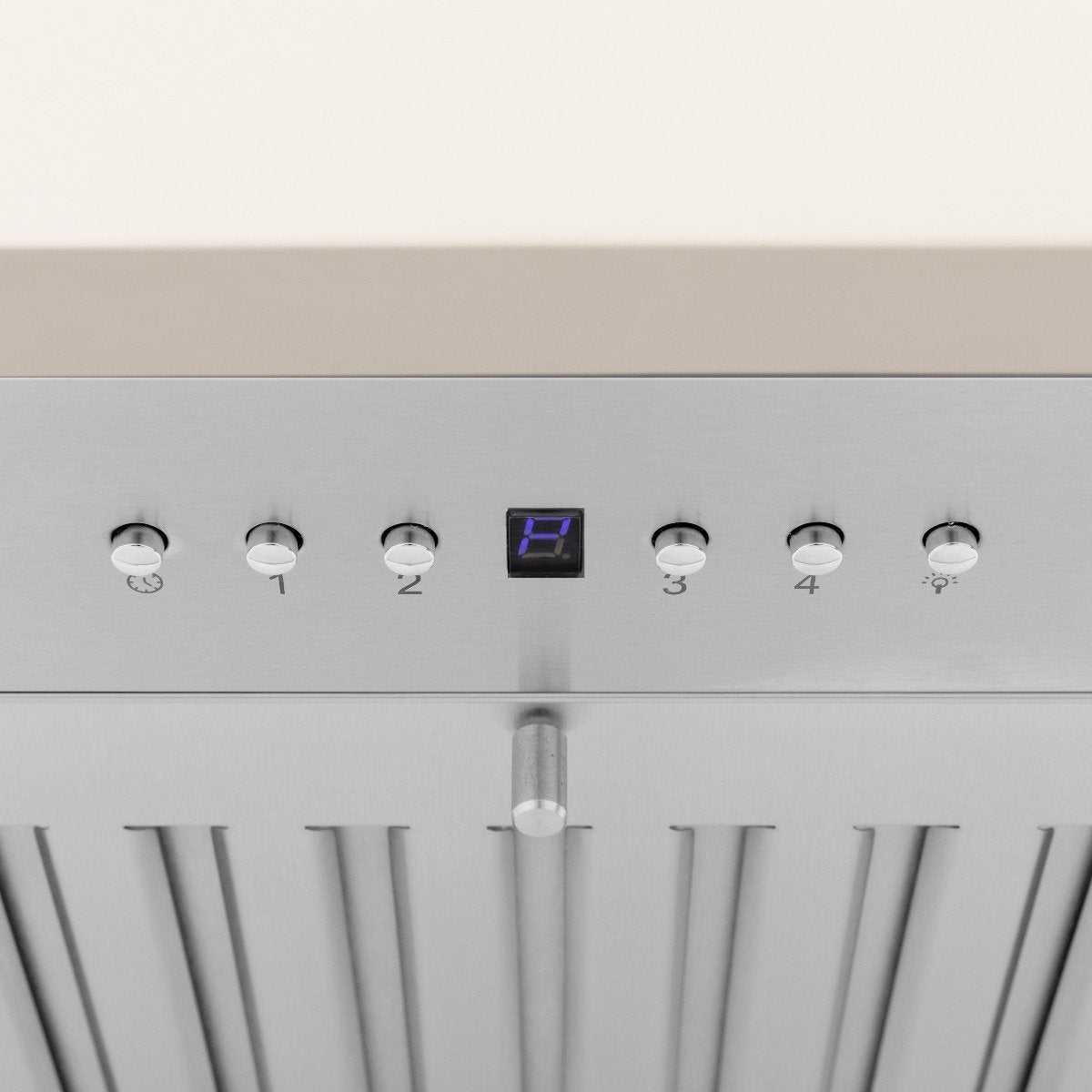 Cottage white range hood control panel with touch display and circular fan knobs