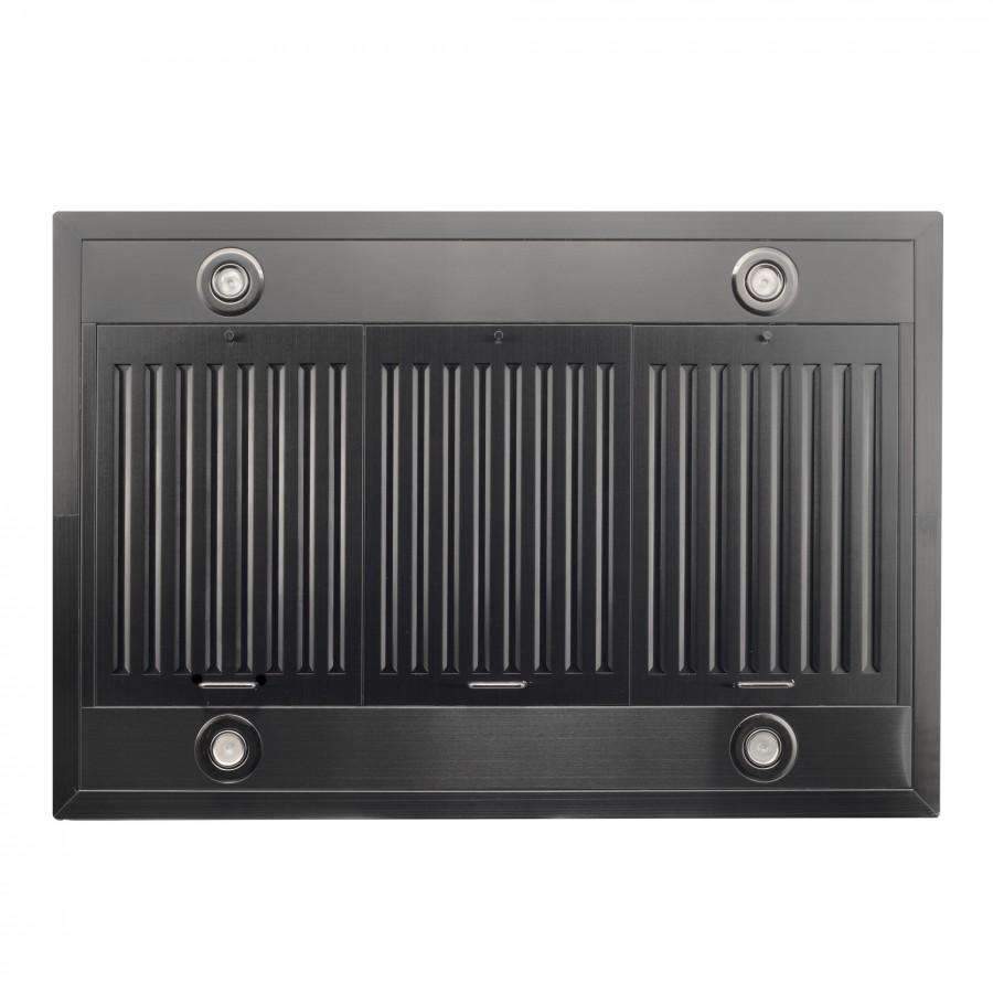 Black stainless steel range hood vent grille with filter slots and circular fasteners