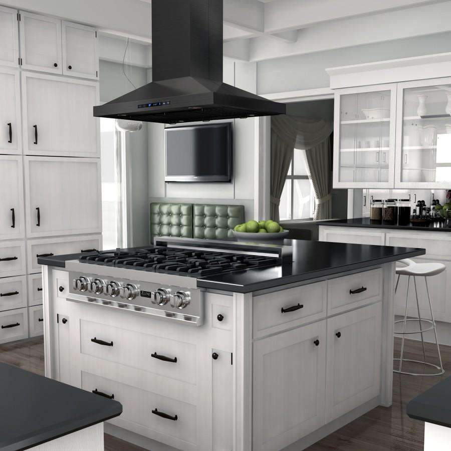 Black stainless steel island mount range hood above cooktop with control panel