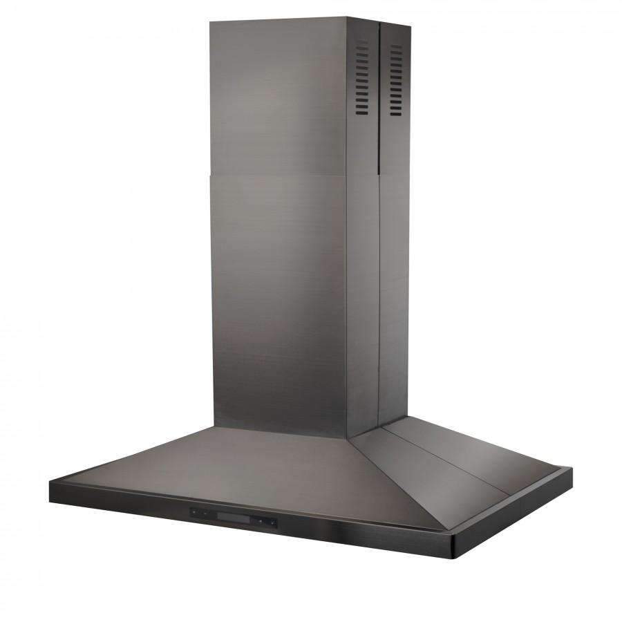Black stainless steel island mount range hood with wide canopy and chimney housing
