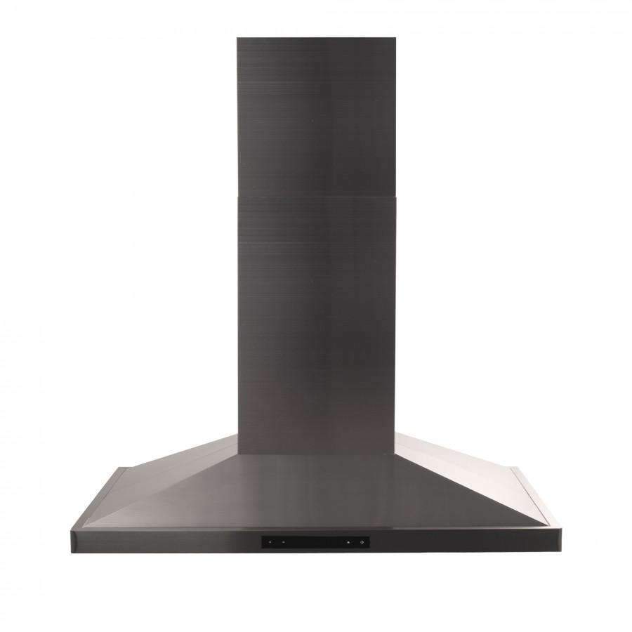 Black stainless steel island mount range hood canopy with chimney stack