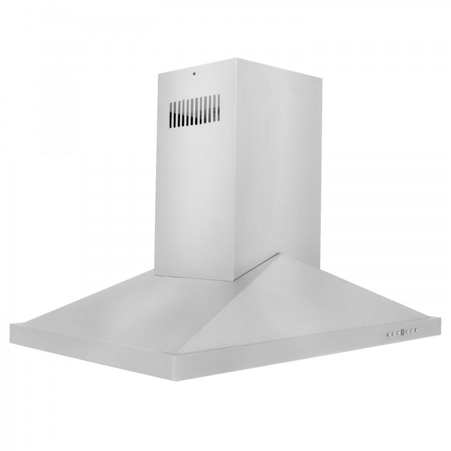 Stainless steel island range hood with chimney back vent cutouts