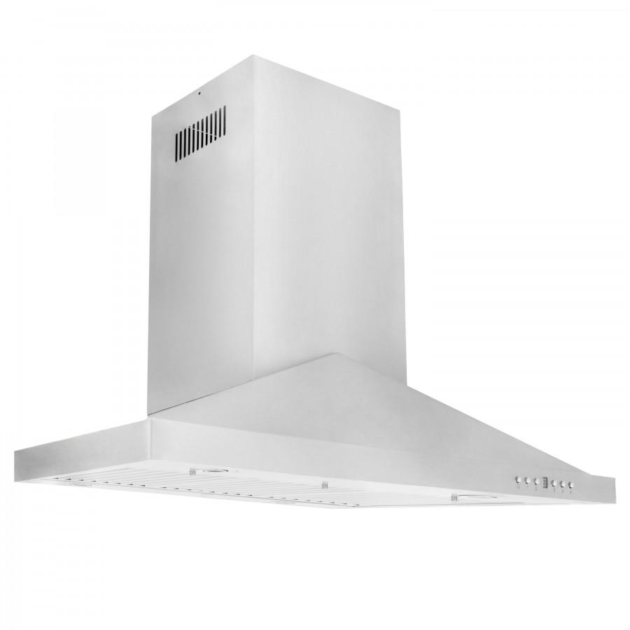 Stainless steel island range hood with chimney back vent and wide canopy