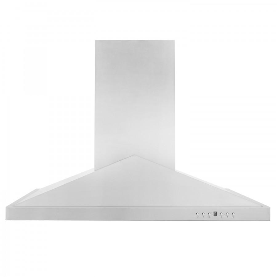 Stainless steel island range hood canopy with control icons on edge