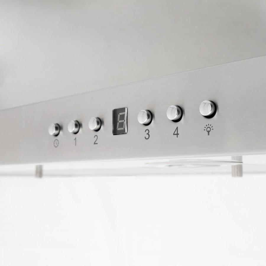 Island range hood control panel with LED display and round buttons