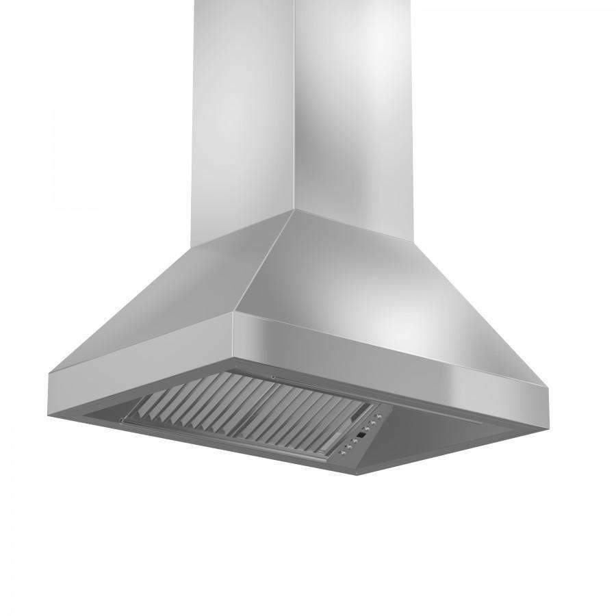 Stainless steel island range hood underside with vent grate and baffle