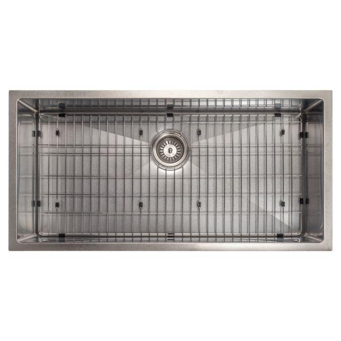Undermount single-bowl stainless steel kitchen sink with bottom grid and round drain