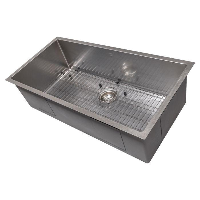 Rectangular stainless steel single-bowl sink with bottom grid and center drain
