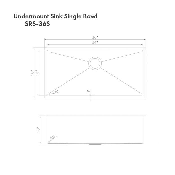 SRS-36S undermount single-bowl sink dimension diagram with drain position