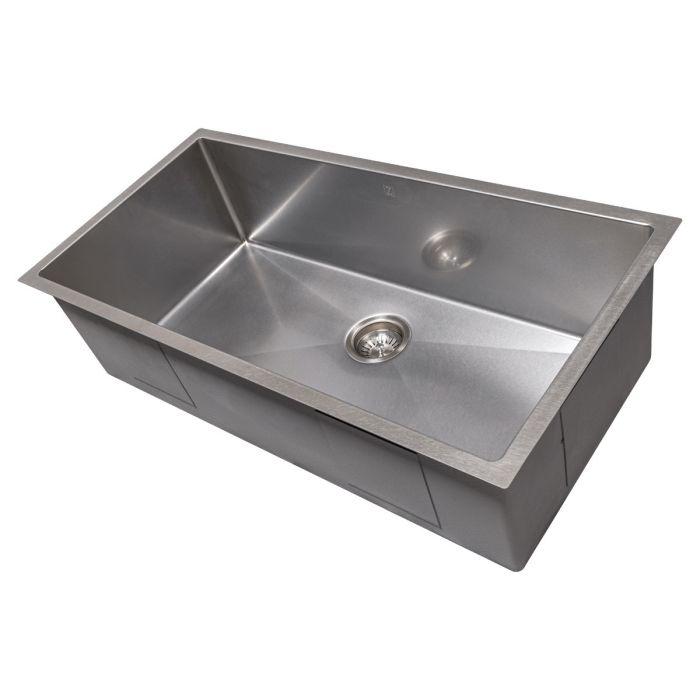 Stainless steel undermount single-bowl kitchen sink with centered drain and sloped basin
