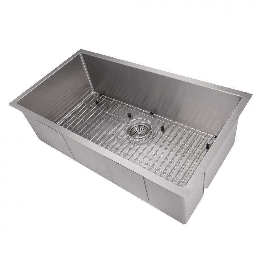 Stainless steel single-bowl undermount kitchen sink with wire bottom grid and strainer