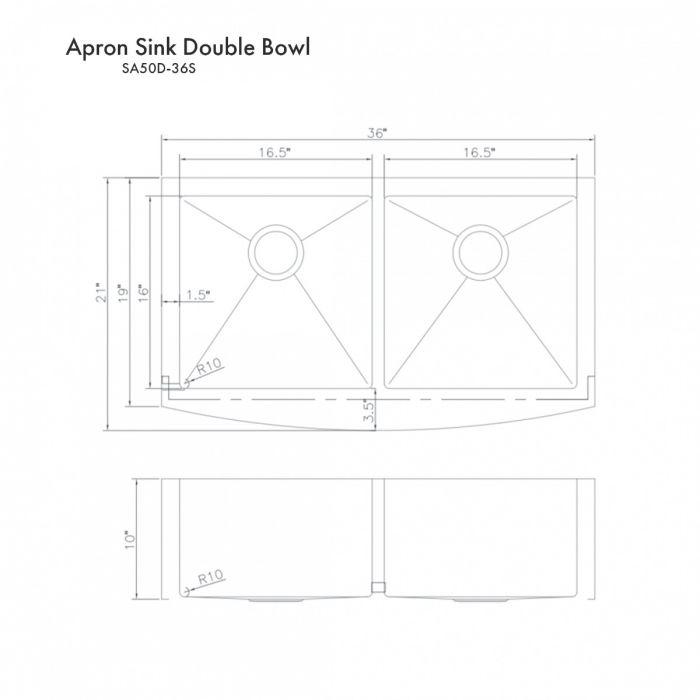 Double-bowl kitchen sink dimension diagram with apron sink layout