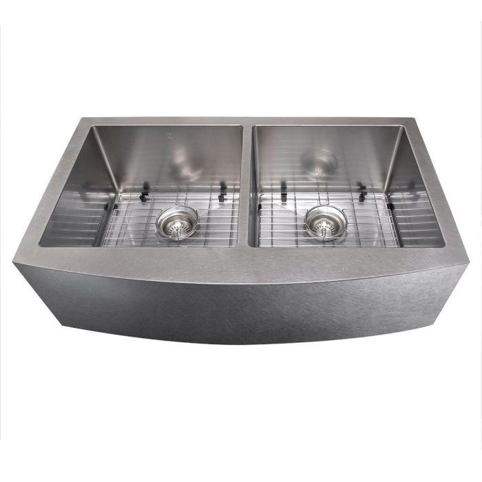 Stainless steel double-bowl kitchen sink with two basins and wire rack bottoms