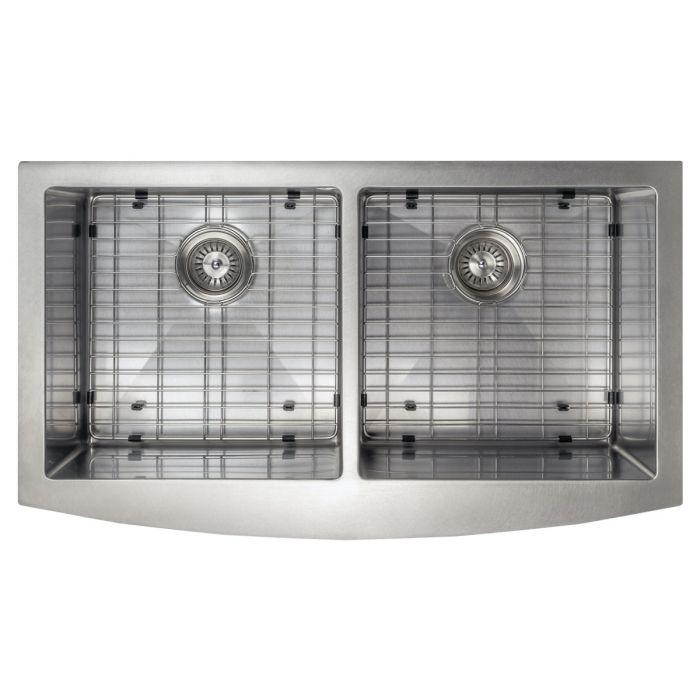 Stainless steel double-bowl kitchen sink with wire bottom grids and two drains