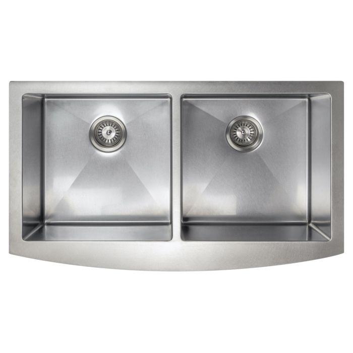 Stainless steel double-bowl kitchen sink front view with two round drain covers