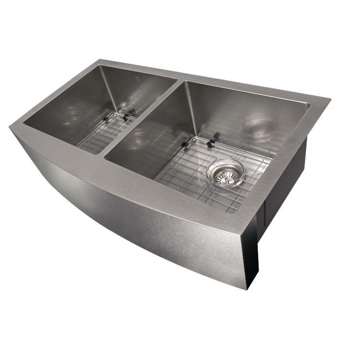Stainless steel double-bowl kitchen sink with one wire grid and two drains
