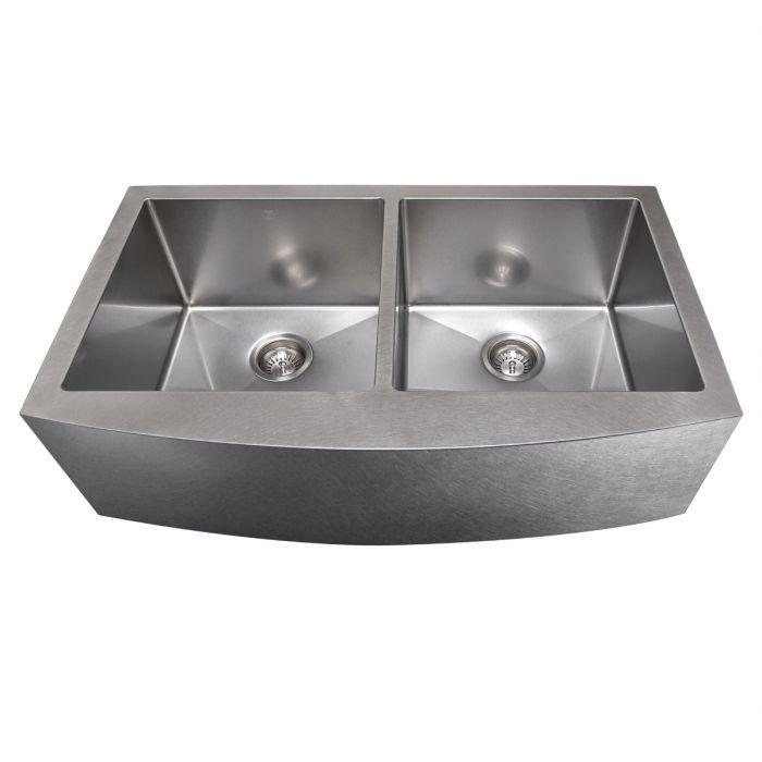 Stainless steel double-bowl apron mount kitchen sink with two round drains