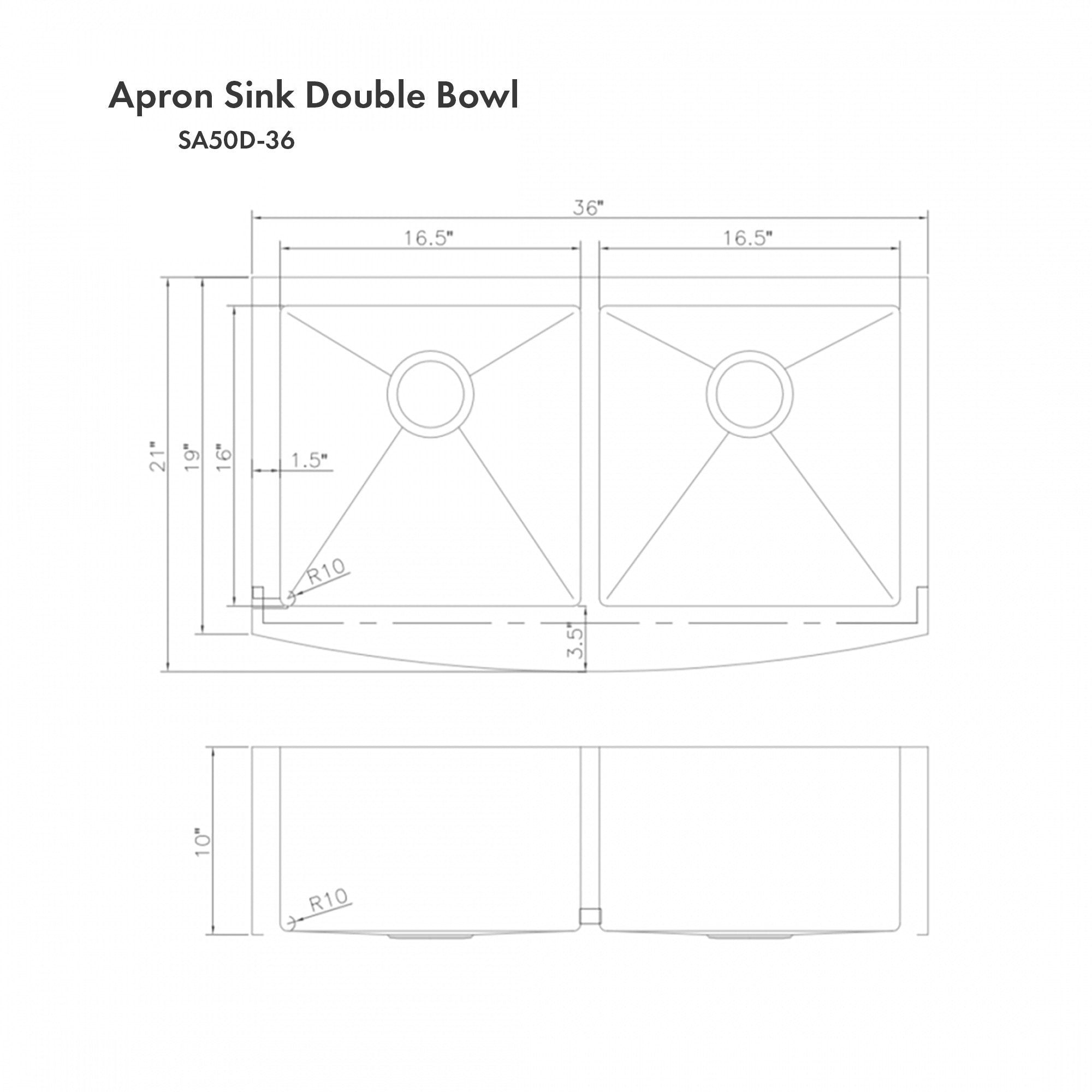 Technical diagram: apron sink double-bowl layout with dimensions (SA50D-36)