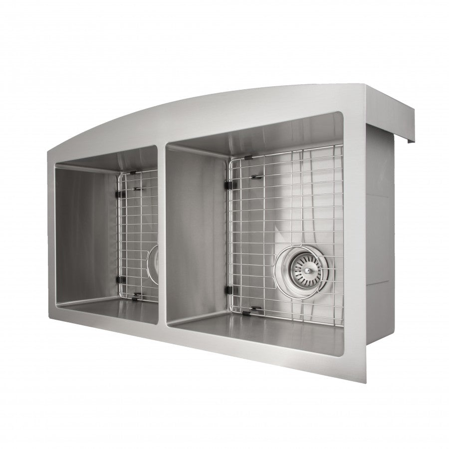 Stainless steel double-bowl apron sink with wire racks inside and round drains