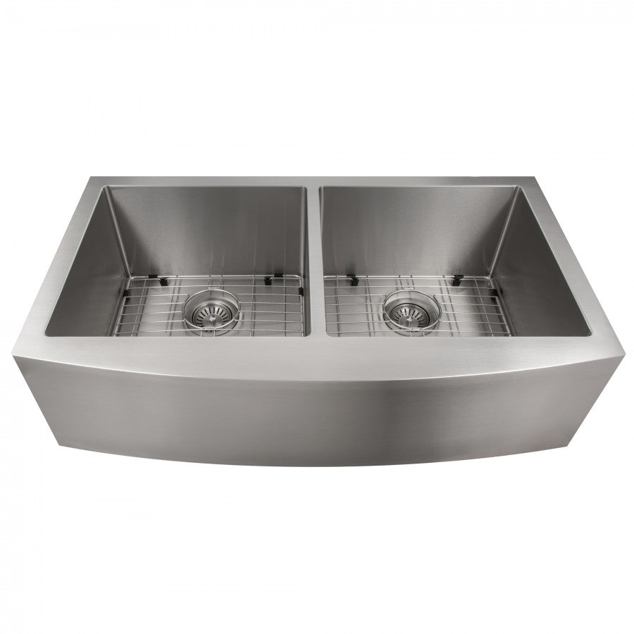 Stainless steel double-bowl apron sink with two circular drain openings