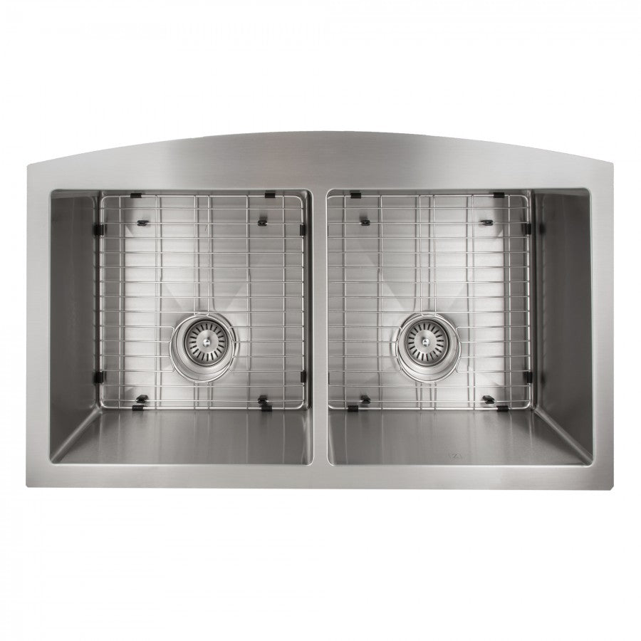 Stainless steel double-bowl apron sink with wire racks and two round drains