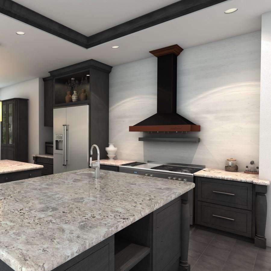 Wall range hood with black chimney and oil-rubbed bronze canopy centered over kitchen island cooktop.