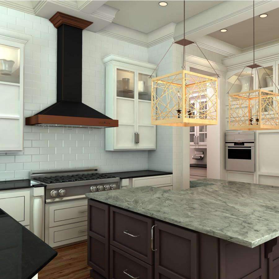 Black chimney and oil-rubbed bronze range hood above a kitchen cooktop.