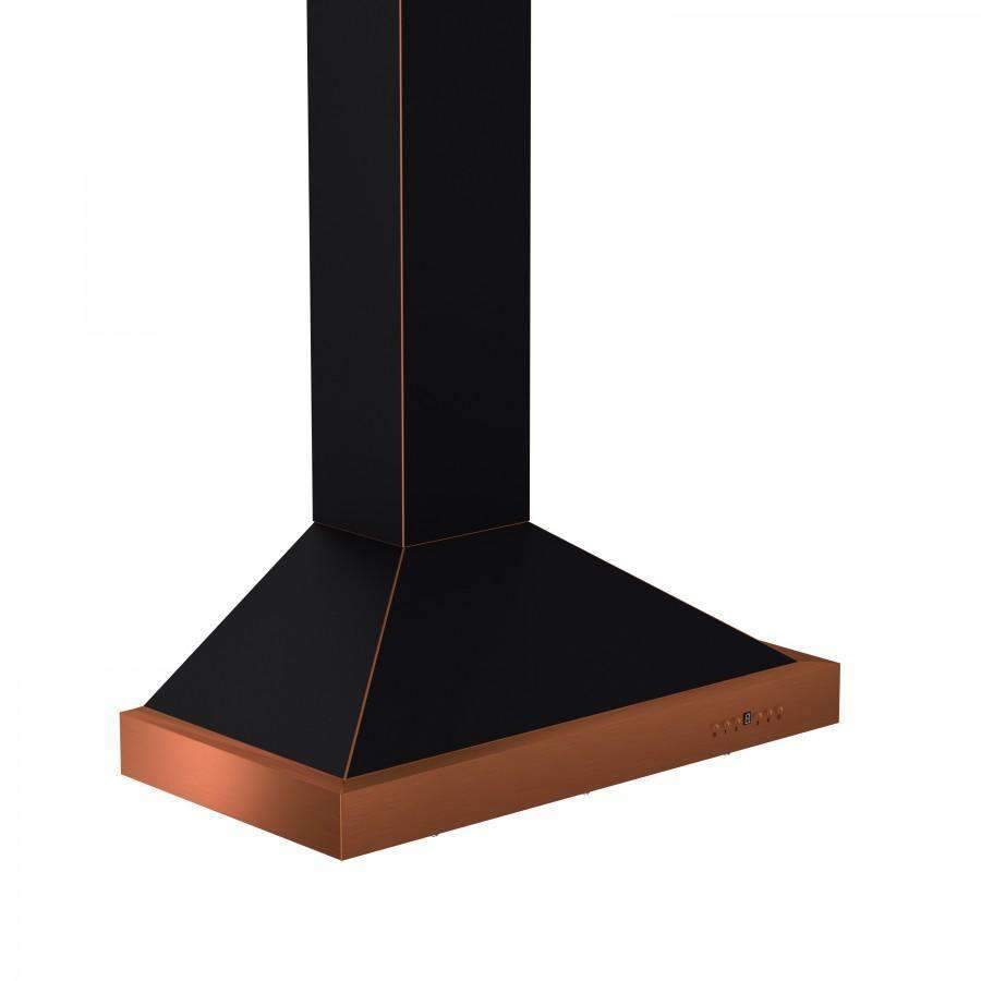 Wall-mounted range hood with black chimney and oil-rubbed bronze canopy, square base.