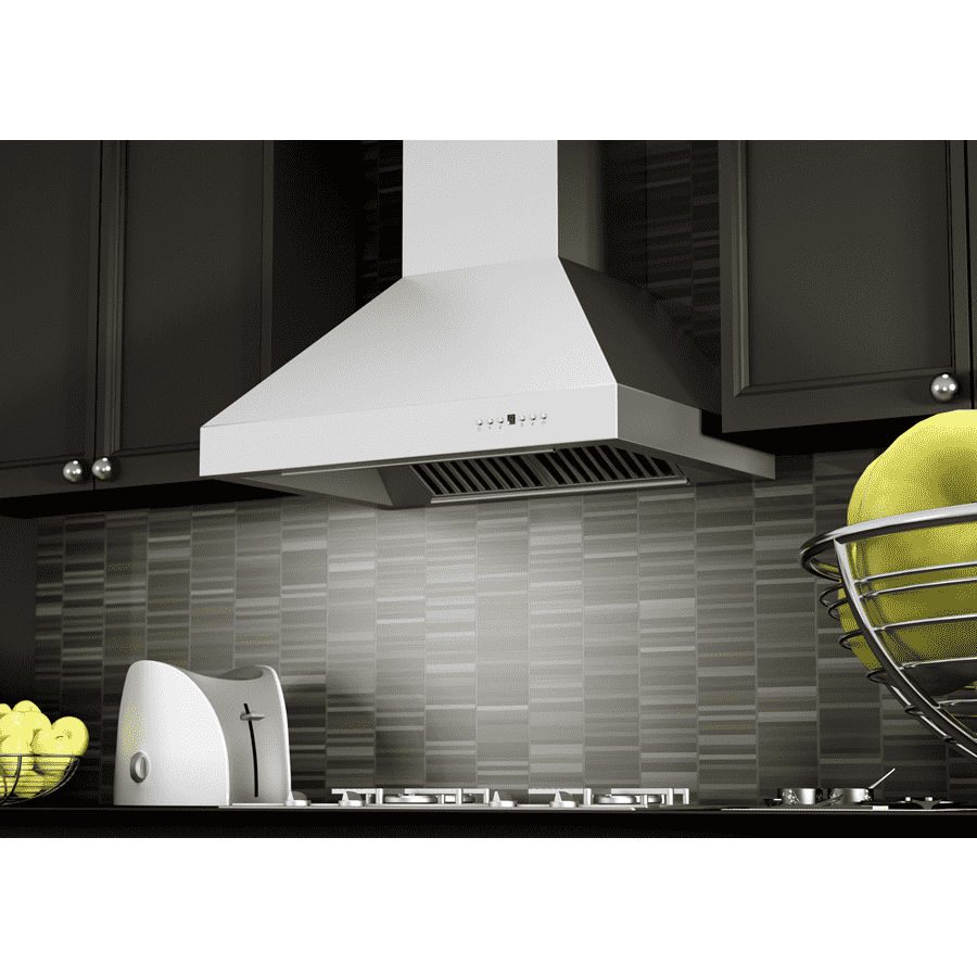 Stainless steel wall-mount range hood with chimney vent, dark grille, and control panel.