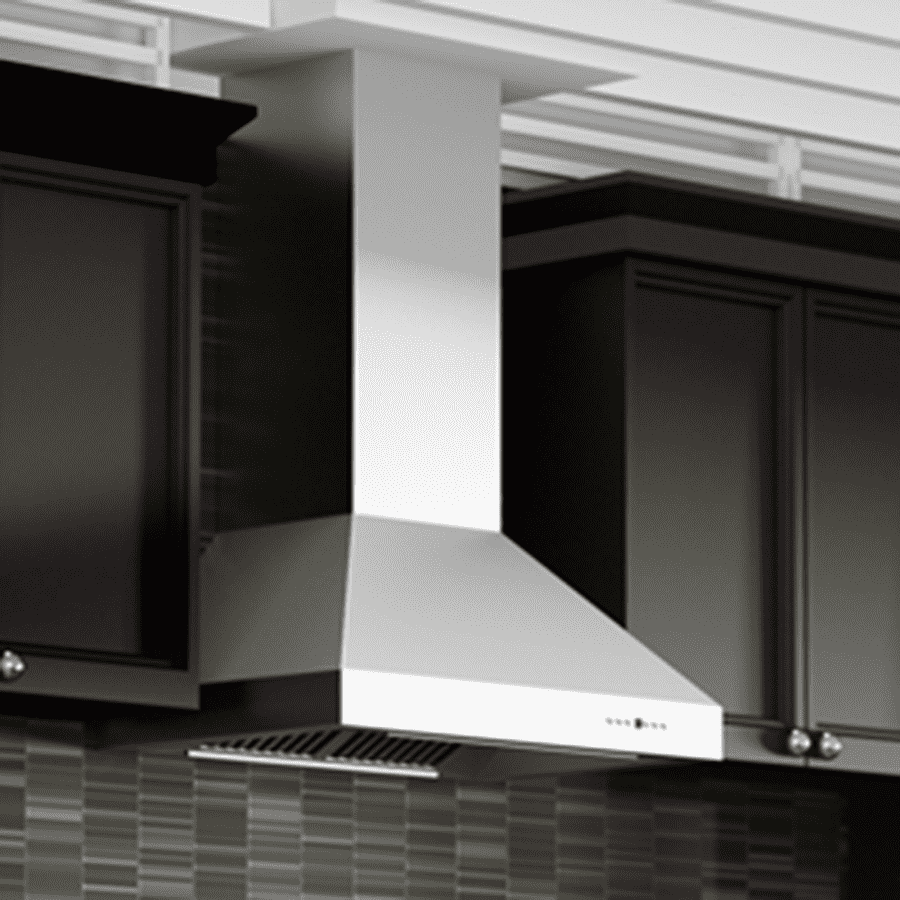 White wall-mounted range hood with chimney flue and front vent grille, side view.