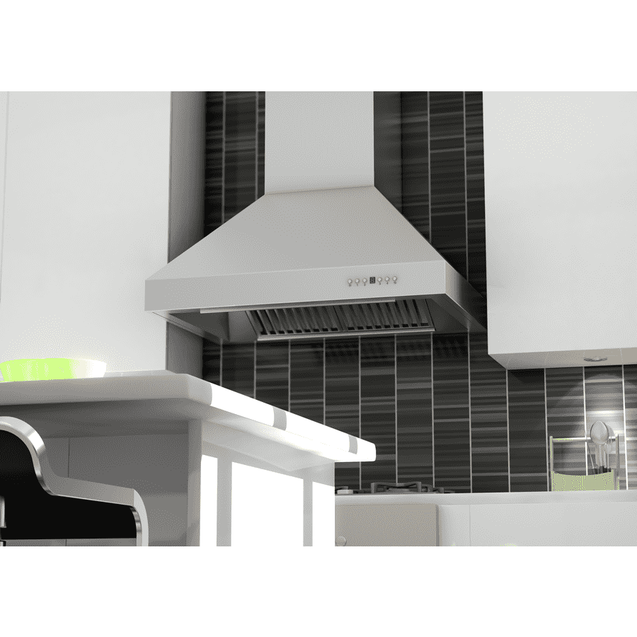 White wall-mounted ducted range hood with front vent grille, chimney body, and buttons.