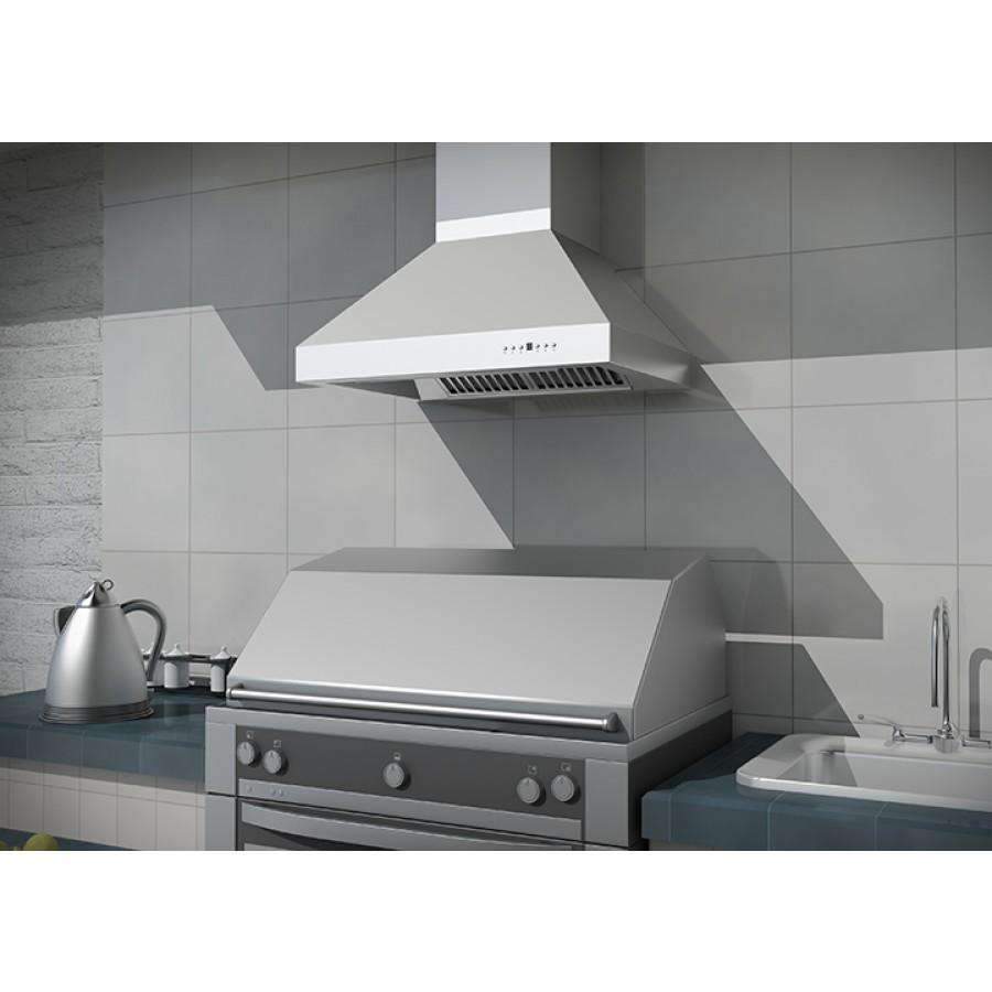 White wall-mounted ducted range hood with front vent grille and chimney body.