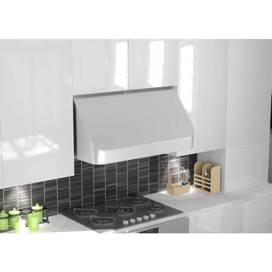Stainless steel under-cabinet range hood with curved front canopy and vent