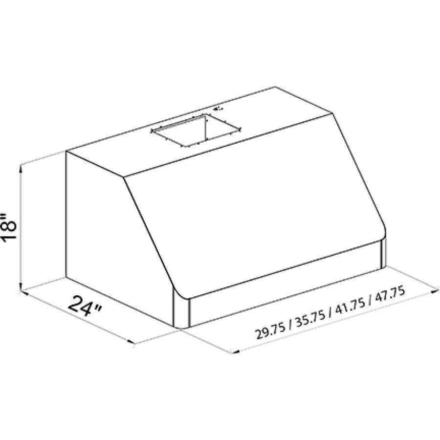 Range hood dimensions diagram showing 24-inch width and 18-inch height