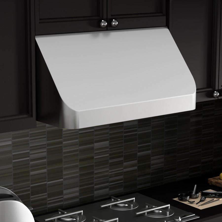 Stainless steel under-cabinet range hood with curved canopy and vent grille